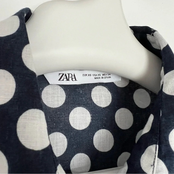 ZARA Blue White Linen Polka  Dot Button Down Long Sleeve Shirt size XS - Picture 6 of 8